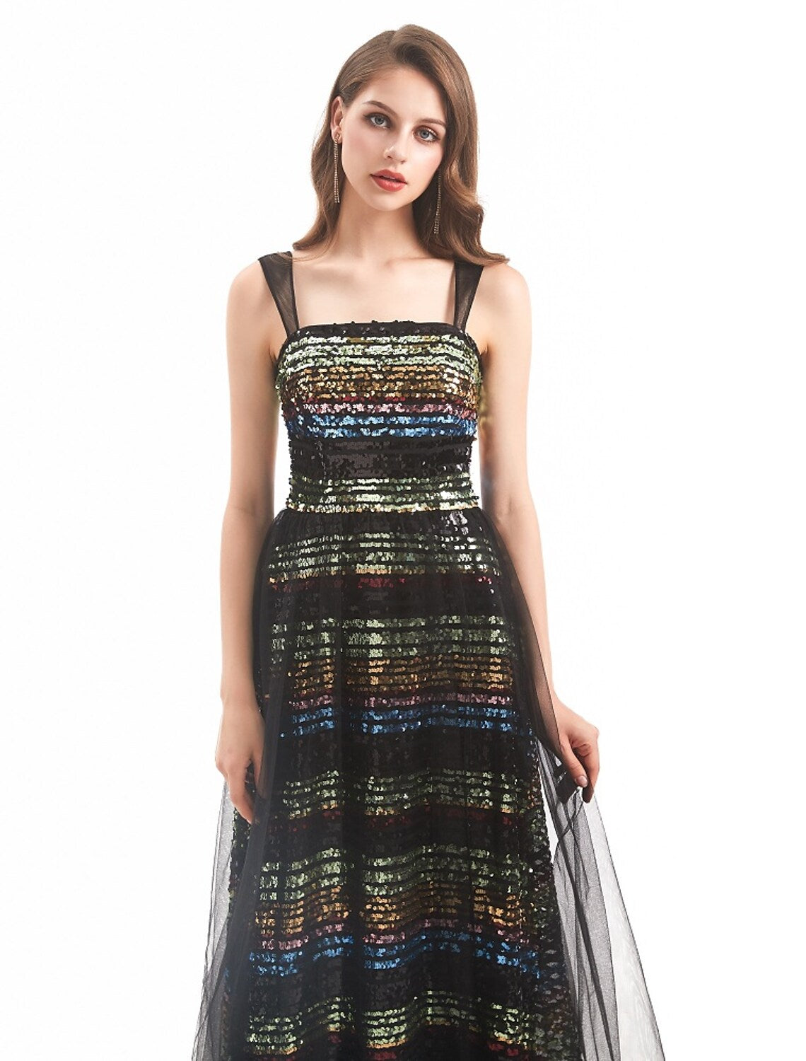 Side profile of the elegant boat neck sleeveless evening gown.
