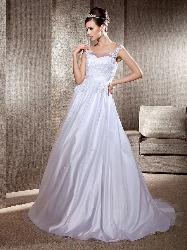 Elegant white ball gown A-line wedding dress with scoop neck.
