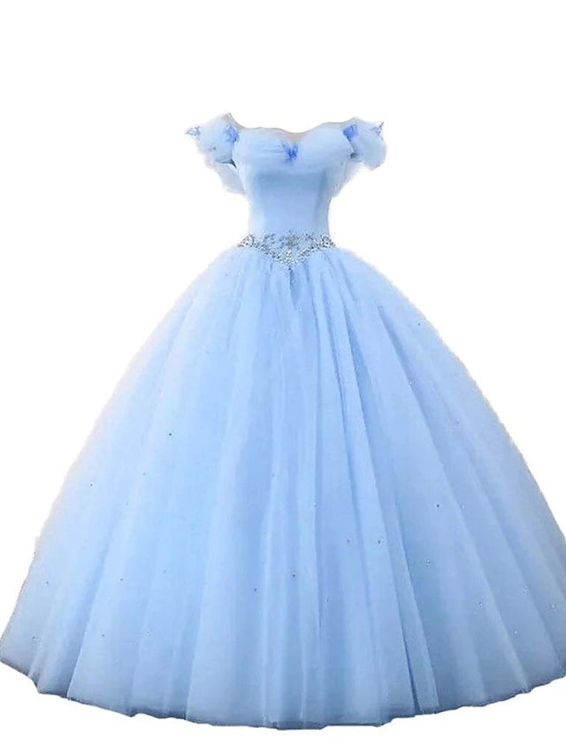 Off-shoulder ball gown prom dress with tulle, pearls, and butterfly details.