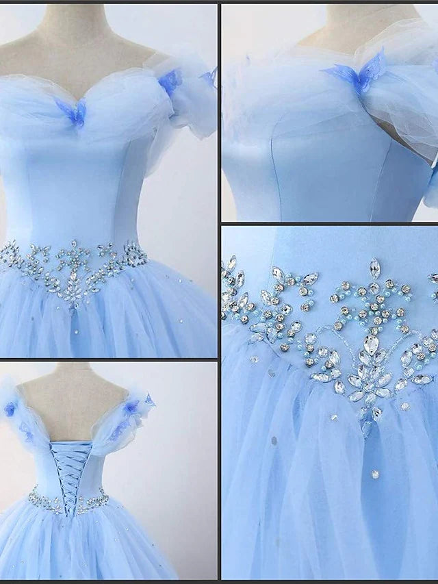 Back view of a floor-length off-shoulder princess dress with delicate tulle.