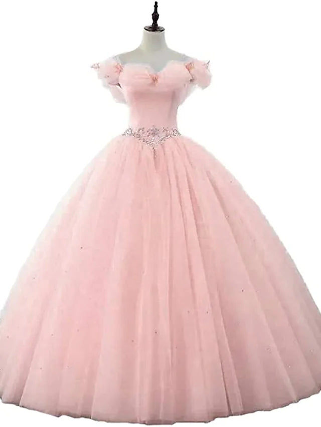 Full view of the off-shoulder ball gown prom dress, showcasing its flowing tulle skirt.