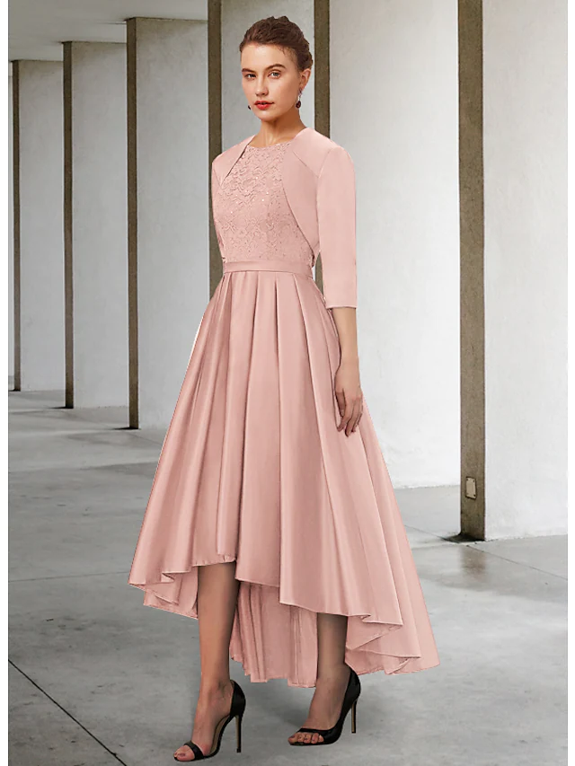 Mother of the Bride Dress Elegant Vintage Jewel Neck Asymmetrical Lace Charmeuse 3/4 Length Sleeve with Sash  Ribbon Pleats