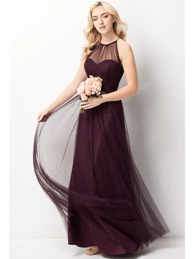 A-Line Halter Neck Floor Length Chiffon  Tulle Bridesmaid Dress