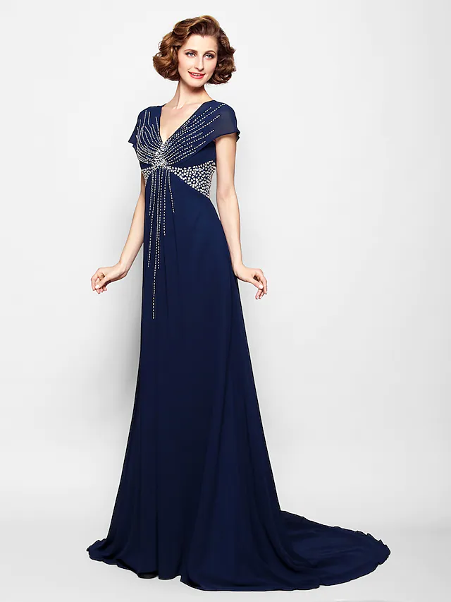 A-Linien-Kleid für die Brautmutter, V-Ausschnitt, Hofschleppe, Georgette, kurze Ärmel, mit Perlen und Pailletten