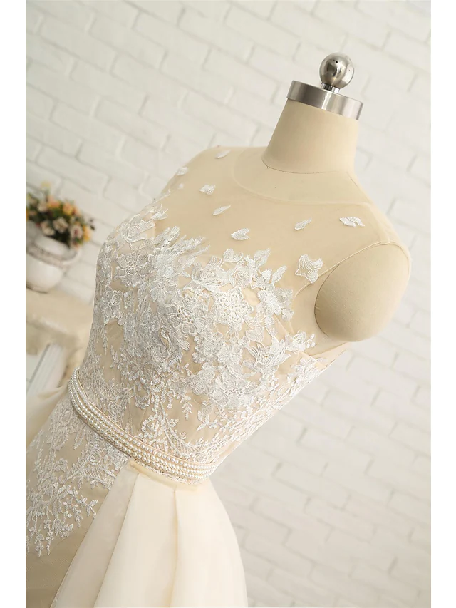 Wedding Dresses Jewel Neck Chapel Train Lace Tulle Lace Over Satin Regular Straps Formal See-Through with Sashes  Ribbons Pearls Appliques
