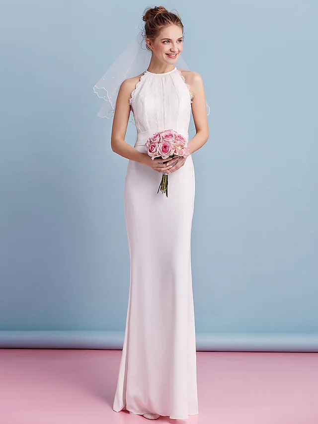 Wedding Dresses Jewel Neck Floor Length Chiffon Lace Regular Straps Floral Lace with Lace Sash  Ribbon