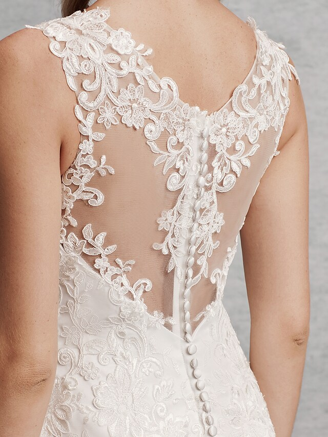 Wedding Dresses Scoop Neck Court Train Lace Satin Tulle Regular Straps Beautiful Back with Lace Appliques