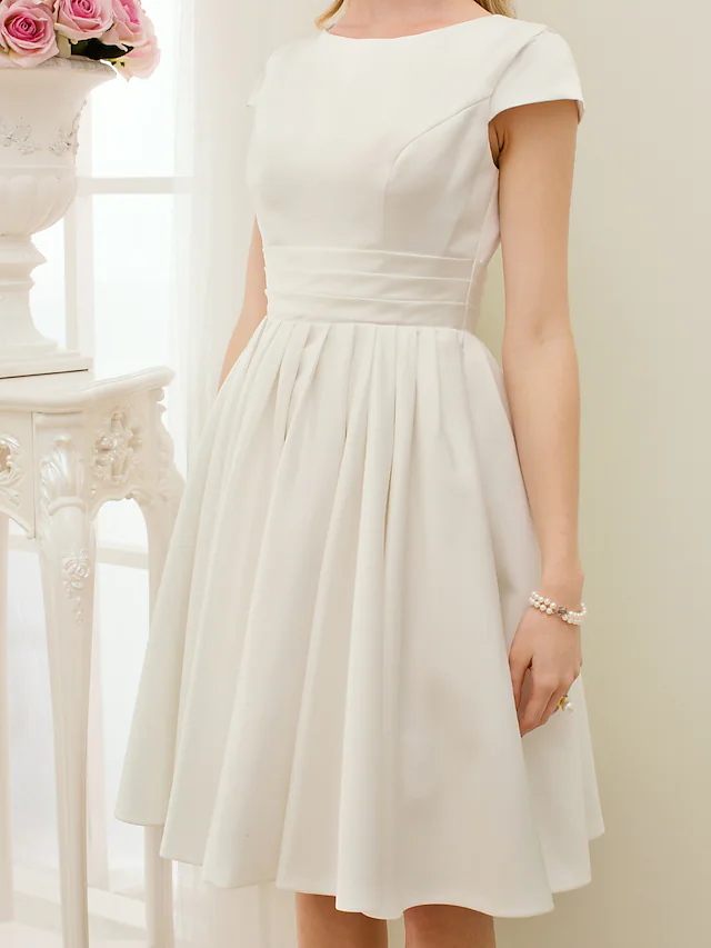 A-Line Wedding Dresses Jewel Neck Knee Length Satin Short Sleeve Formal Simple Casual Little White Dress with Sash  Ribbon
