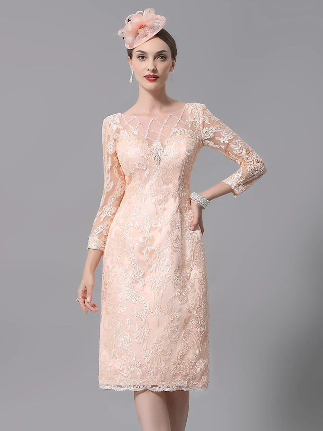 Plus size Mother of the Bride dress with bateau neck and 3/4 lace sleeves.