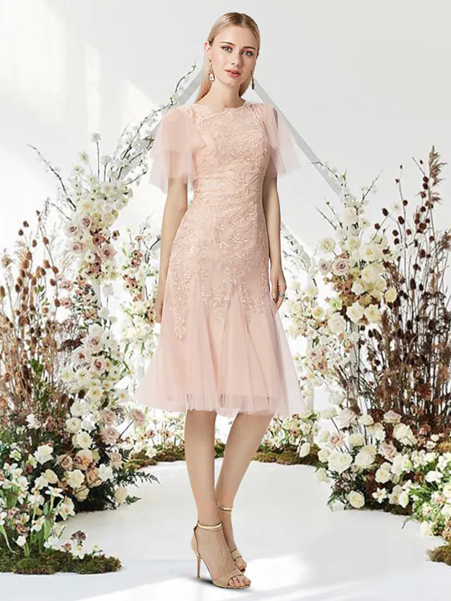 Elegant A-Line cocktail dress with jewel neck and half sleeves, featuring lace appliques.