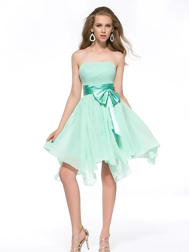 A-Line Minimalist Elegant Engagement Cocktail Party Dress Strapless Sleeveless Asymmetrical Knee Length Chiffon with Sash  Ribbon Bow(s)