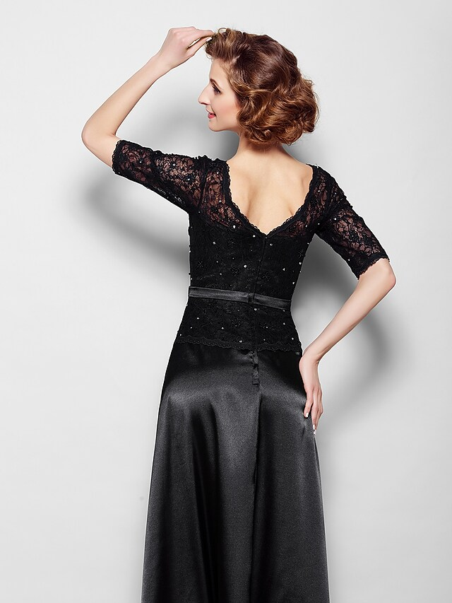 Mother of the Bride Dress Elegant V Neck Floor Length Lace Stretch Satin Half Sleeve with Lace Sash  Ribbon Bow(s)