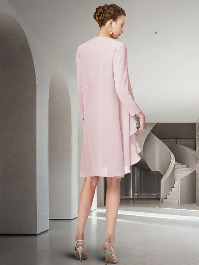 Kleid für die Brautmutter, elegant, mit Rundhalsausschnitt, kurz, Mini, Chiffon, lange Ärmel, mit Spitzenrüschen