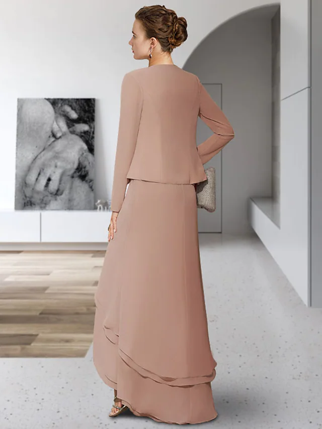 Zweiteiliges A-Linien-Kleid für die Brautmutter, eleganter Rundhalsausschnitt, asymmetrisch, Chiffon, Spitze, ärmellos, mit mehrstufigen Applikationen
