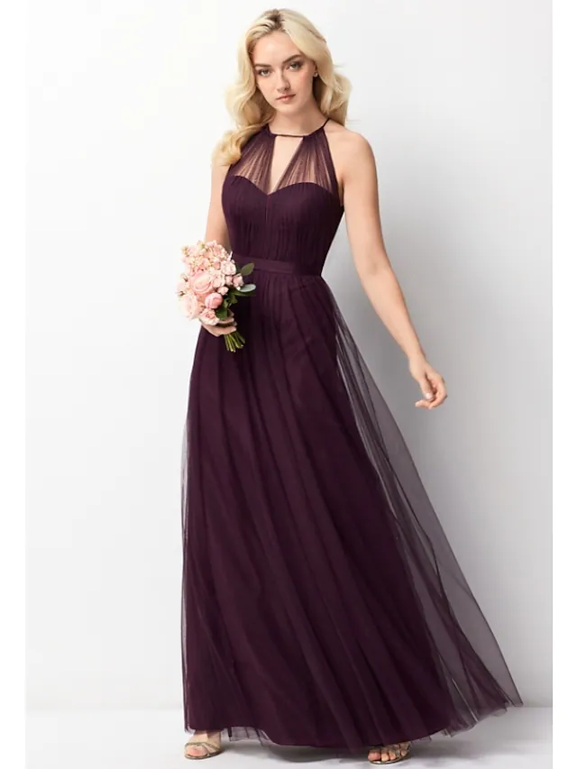A-Line Halter Neck Floor Length Chiffon  Tulle Bridesmaid Dress