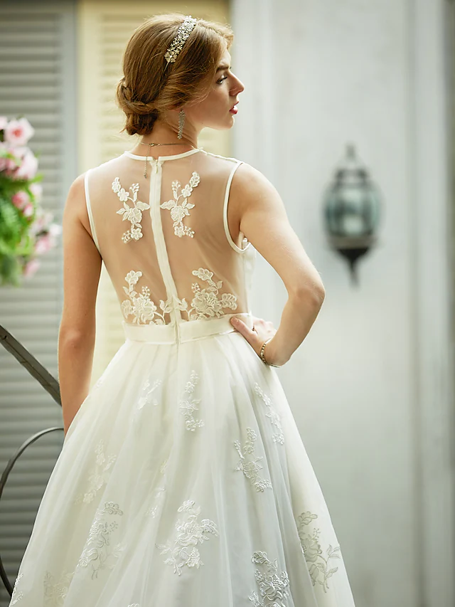 A-Line Wedding Dresses Plunging Neck  Lace Over Tulle Sleeveless See-Through Beautiful Back Illusion Detail with Sash  Ribbon Appliques