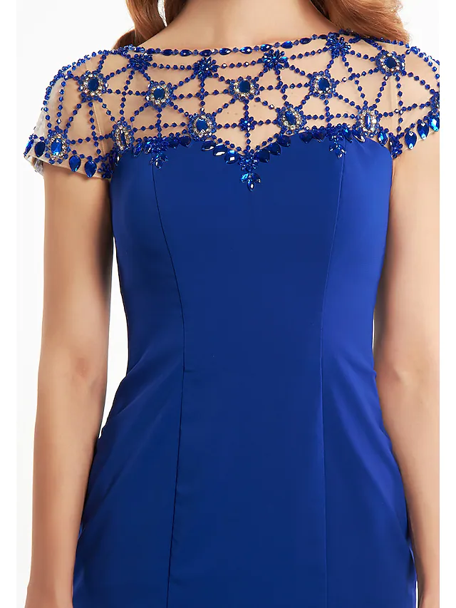 Mother of the Bride Dress Elegant Bateau Neck  Jersey Short Sleeve with Beading