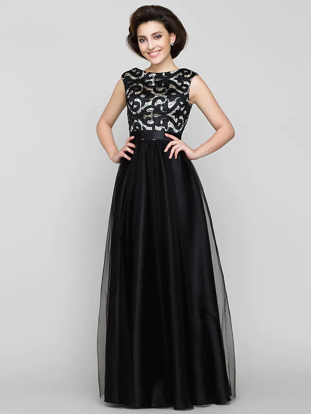 A-Line Mother of the Bride Dress Vintage Inspired Scoop Neck Floor Length Tulle Sleeveless with Pattern  Print