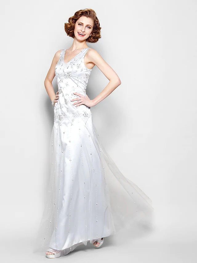 Kleid für die Brautmutter, Sparkle &amp; Shine, V-Ausschnitt, bodenlang, Spitze, Tüll, ärmellos, mit Spitzenperlen