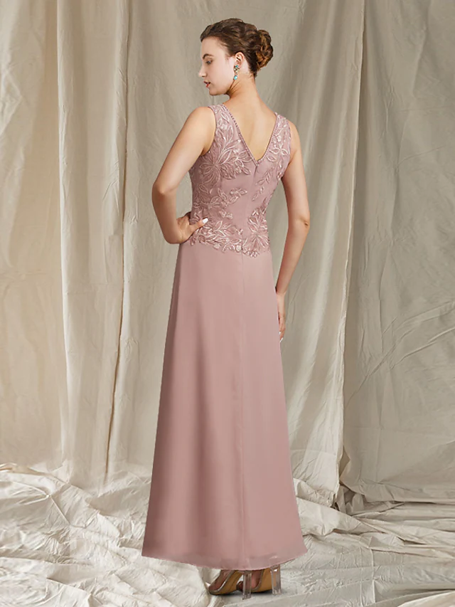 Mother of the Bride Dress Elegant Wrap Included V Neck Ankle Length Chiffon Lace Sleeveless with Beading Appliques