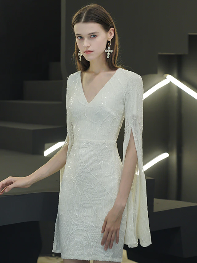 Sparkle Elegant Homecoming Cocktail Party Dress V Neck Long Sleeve Short  Mini Sequined with Sequin Split