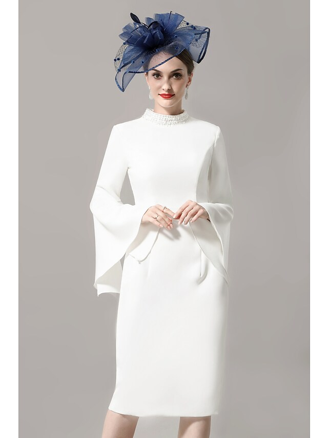 Mother of the Bride Dress Wrap Included High Neck Knee Length Jersey 3/4 Length Sleeve with Crystals