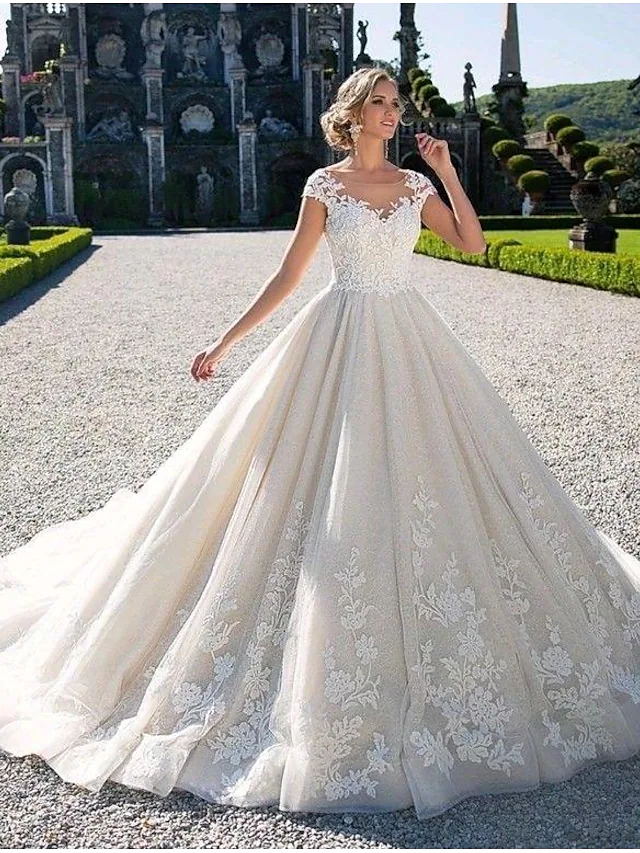 Glamorous Ball Gown Wedding Dress with Jewel Neck and Cap Sleeves.