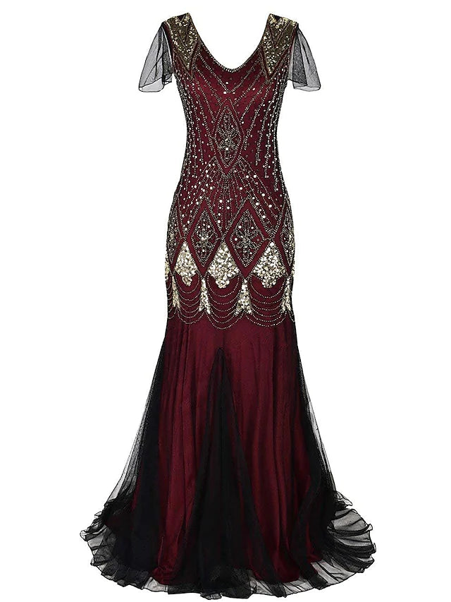 Mermaid Trumpet Evening Gown with V-neck and short sleeves, adorned with sequins and crystals.