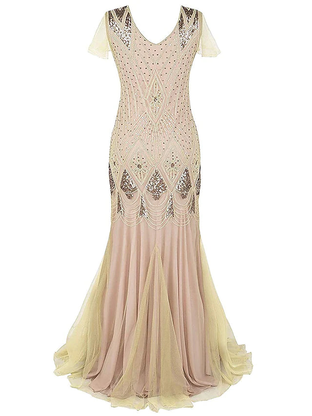 Full length view of a Roaring 20s style beaded sequin evening dress with a sweep train.