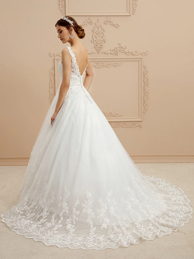 Back view of wedding dress, showcasing illusion detail and lace appliques.
