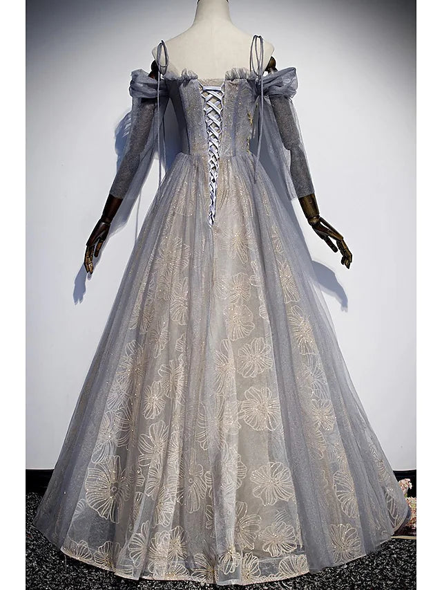 Back view of the glittering A-Line dress, showing the flowing tulle skirt.