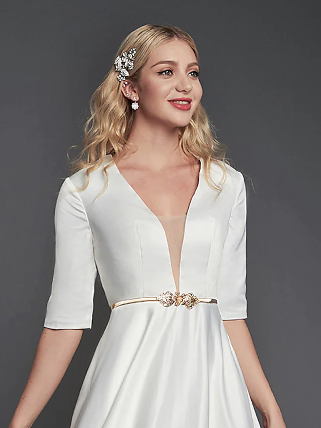 A-Line Minimalist Elegant Homecoming Cocktail Party Dress V Neck Half Sleeve Tea Length Satin with  Ribbon Pleats