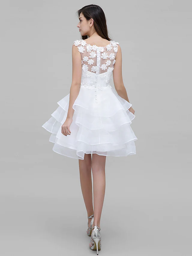 Ball Gown Holiday Homecoming Cocktail Party Dress Illusion Neck Sleeveless Knee Length Tulle Floral Lace with Flower Flounced