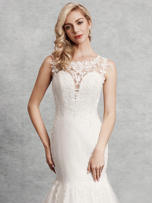 Wedding Dresses Scoop Neck Court Train Lace Satin Tulle Regular Straps Beautiful Back with Lace Appliques