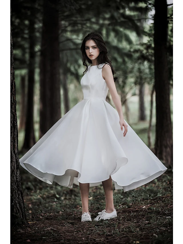 A-Line Wedding Dresses Jewel Neck Tea Length Chiffon Over Satin Cap Sleeve Simple Casual Little White Dress
