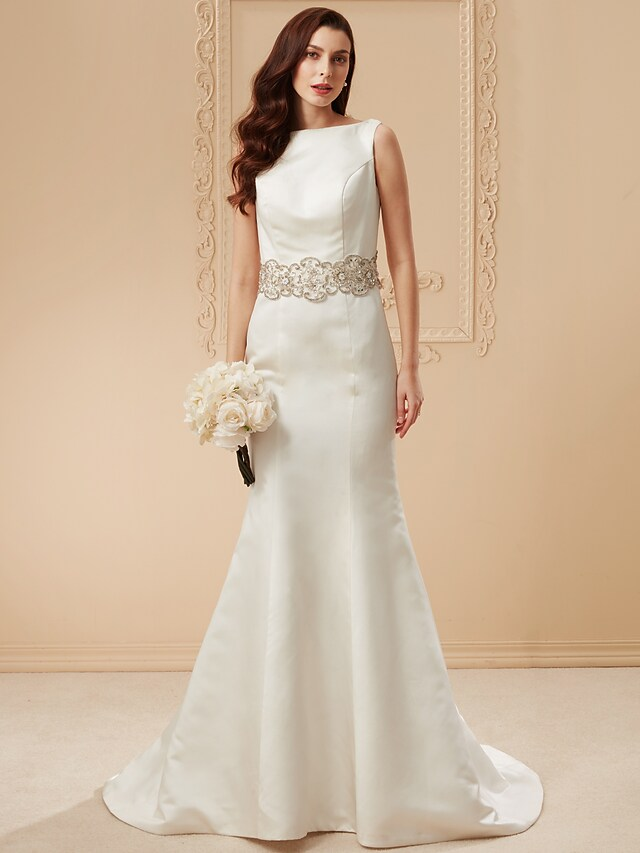 Wedding Dresses Bateau Neck Cathedral Train Satin Regular Straps Vintage Inspired with Beading