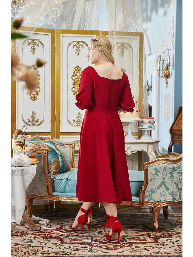 A-Line Plus Size Elegant Engagement Prom Dress V Neck Half Sleeve Tea Length Stretch Fabric with Buttons Pleats