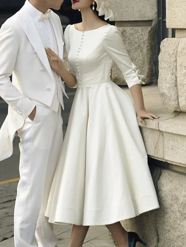 A-Line Wedding Dresses Jewel Neck Tea Length Satin Half Sleeve Simple Vintage Little White Dress with Buttons Pleats