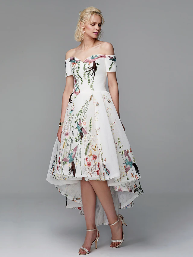 Ballkleid, elegant, mit Blumenmuster, hoch niedrig, für Cocktailpartys, Abschlussbälle, Valentinstag, schulterfrei, kurze Ärmel, asymmetrisch, Polyester mit Stickerei