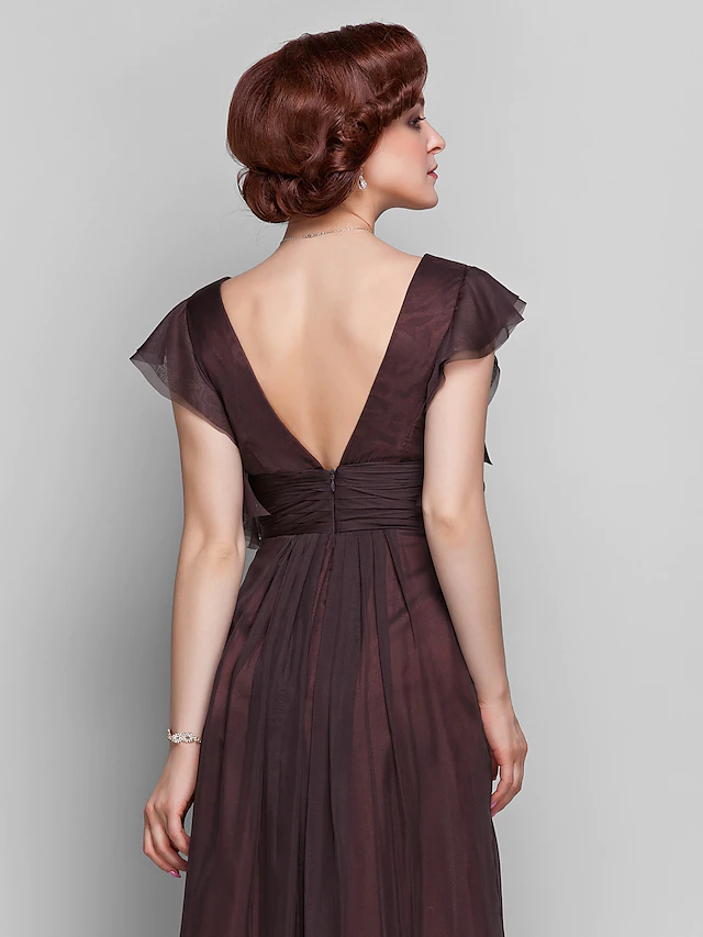 Mother of the Bride Dress Beautiful Back V Neck Floor Length Chiffon Short Sleeve with Criss Cross Ruched Draping