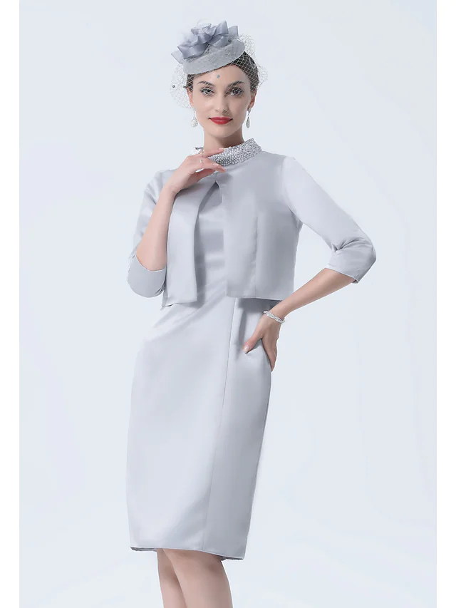 Kleid für die Mutter der Braut, Übergröße, elegant, Vintage, hoher Halsausschnitt, knielang, Satin, 3/4-Ärmel mit Kristall-Applikationen