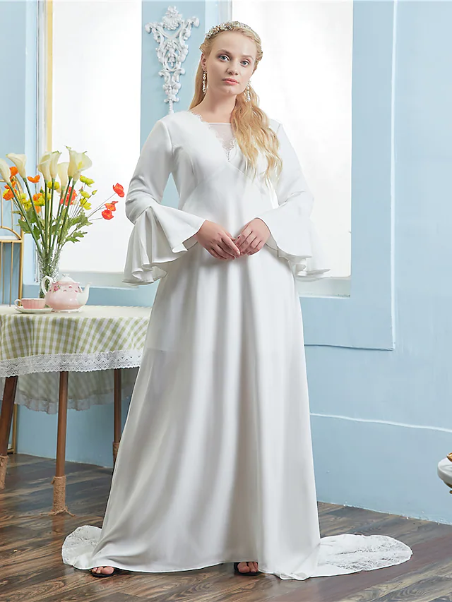 A-Line Wedding Dresses V Neck Chapel Train Lace Italy Satin Long Sleeve Vintage Plus Size with Pleats Lace Insert
