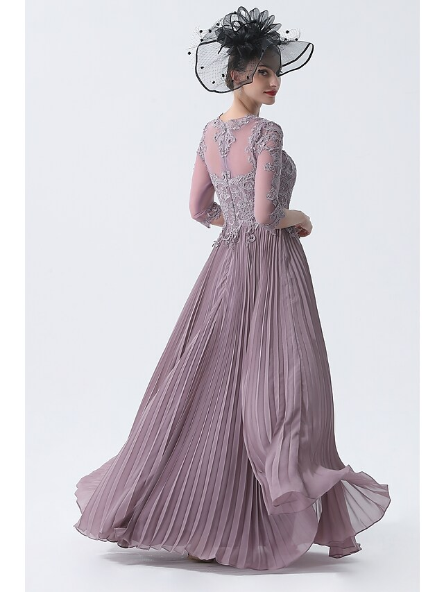 A-Line Mother of the Bride Dress Plus Size Elegant See Through Bateau Neck   Chiffon Lace Half Sleeve with Sash Ribbon Appliques