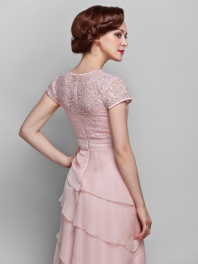 Mother of the Bride Dress Jewel Neck Floor Length Chiffon Lace Short Sleeve with Lace Ruffles