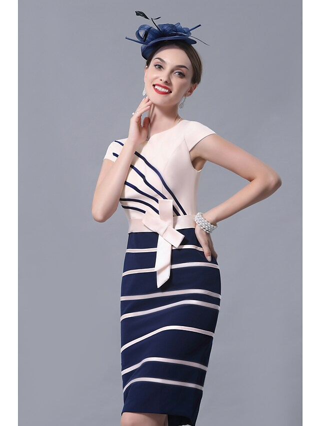 Mother of the Bride Dress Elegant Jewel Neck Knee Length Satin 3/4 Length Sleeve with Sash  Ribbon Bow(s)