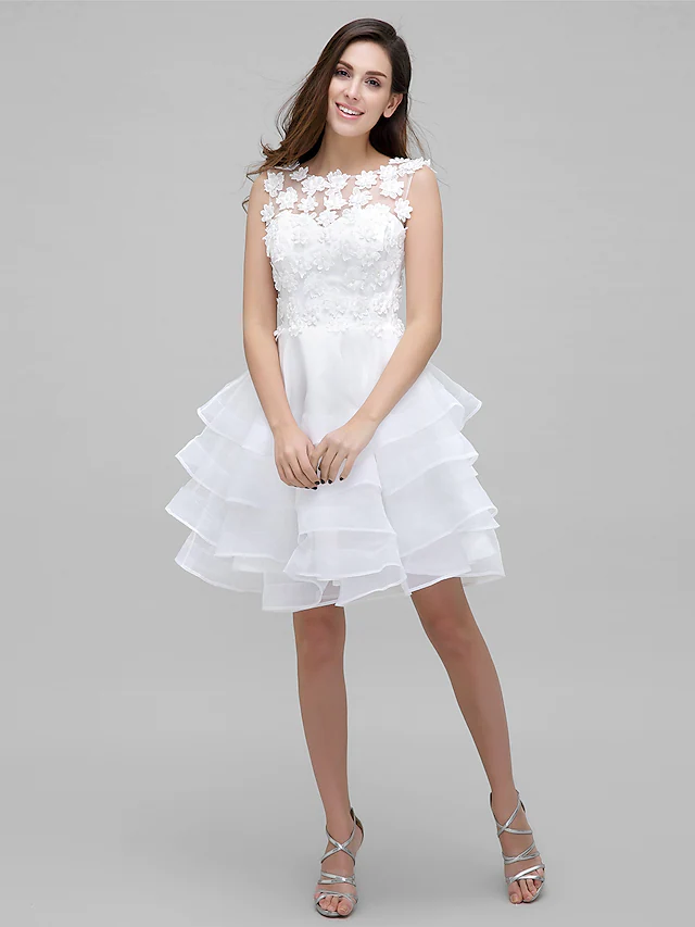 Ball Gown Holiday Homecoming Cocktail Party Dress Illusion Neck Sleeveless Knee Length Tulle Floral Lace with Flower Flounced