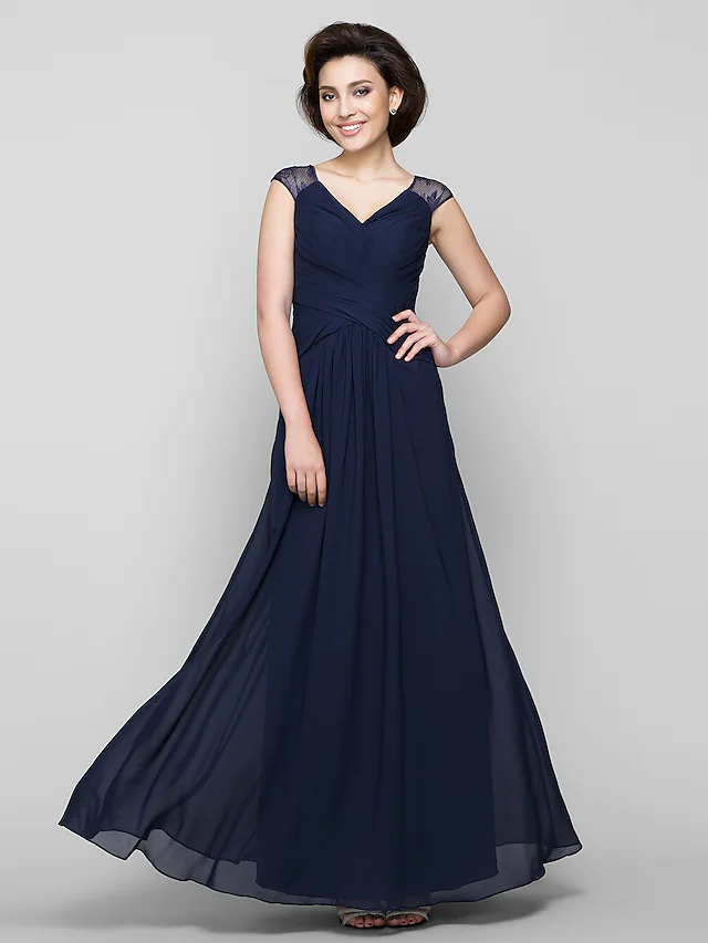 A-Linien-Kleid für die Brautmutter, durchsichtig, V-Ausschnitt, knöchellang, Chiffon, Spitze, ärmellos, mit überkreuzter Spitze