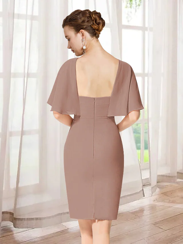 Kleid für die Brautmutter, elegant, mit Rundhalsausschnitt, kurz, Mini, Chiffon, kurze Ärmel, mit Rüschen