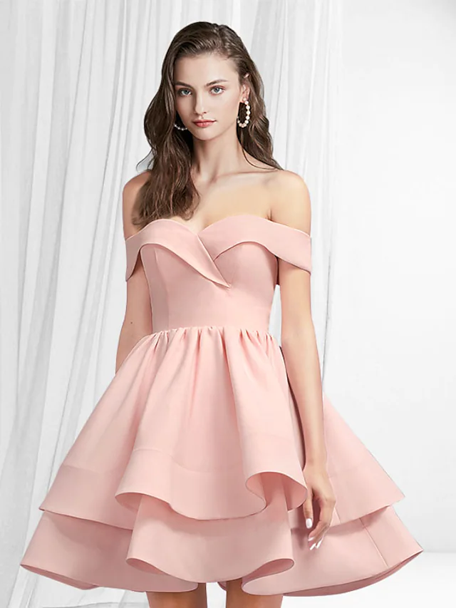 A-Line Empire Minimalist Homecoming Engagement Dress Off Shoulder Sleeveless Short  Mini Satin with Tier