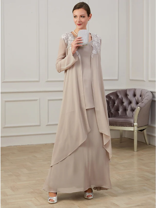 A-Line Mother of the Bride Dress Elegant Jewel Neck Floor Length Polyester Long Sleeve with Appliques